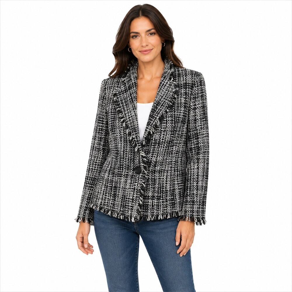 Vintage Tweed Fringe Blazer Methode Size 6 Black White  Jacket Career Preppy